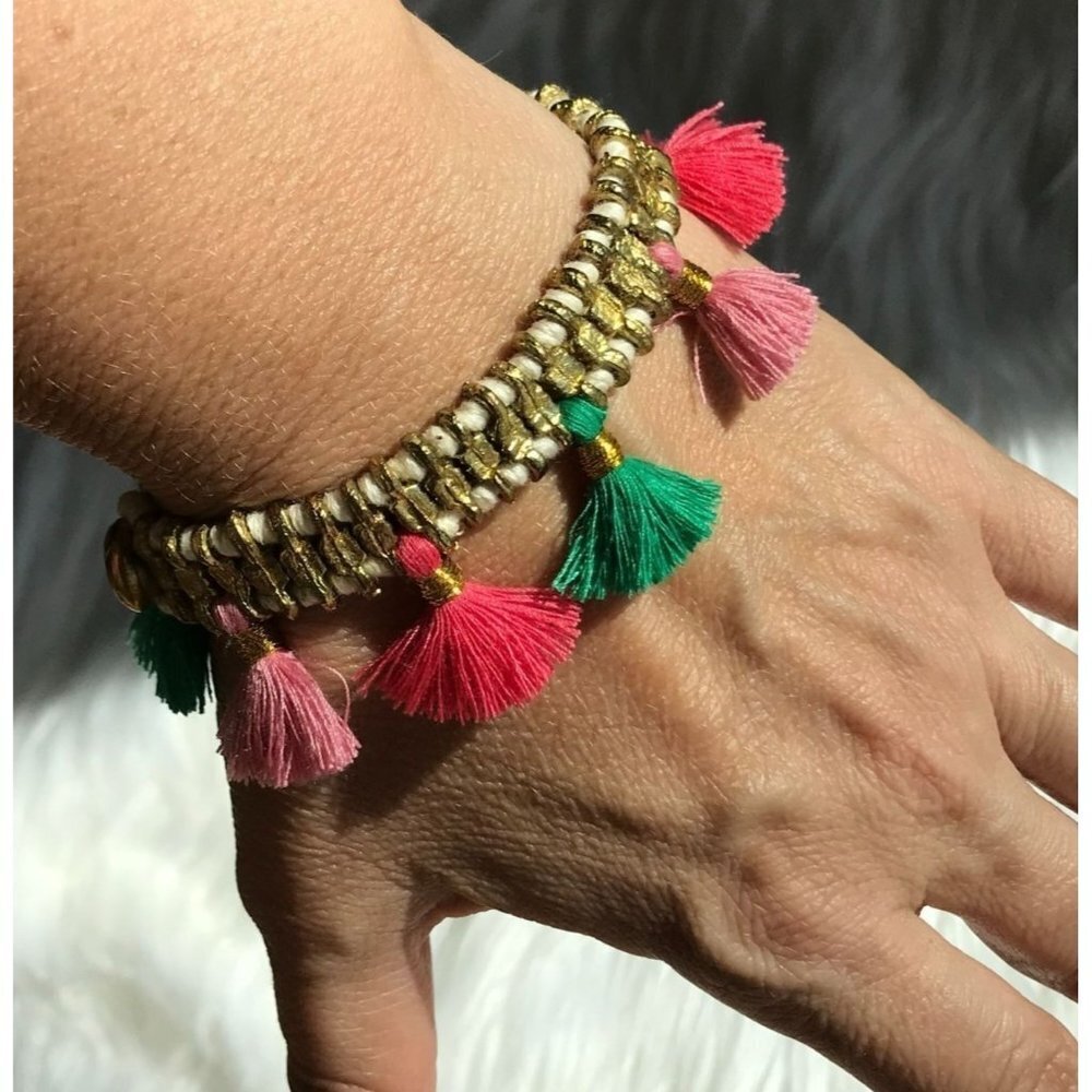 Shiraleah Gold Beaded Bracelet with Pink, Green & Coral Tassels